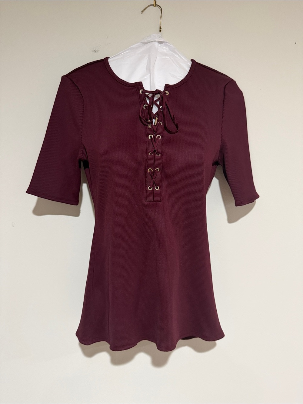 White House Black Market Lace-Up Ribbed Forme Short Sleeve Top - Wine
